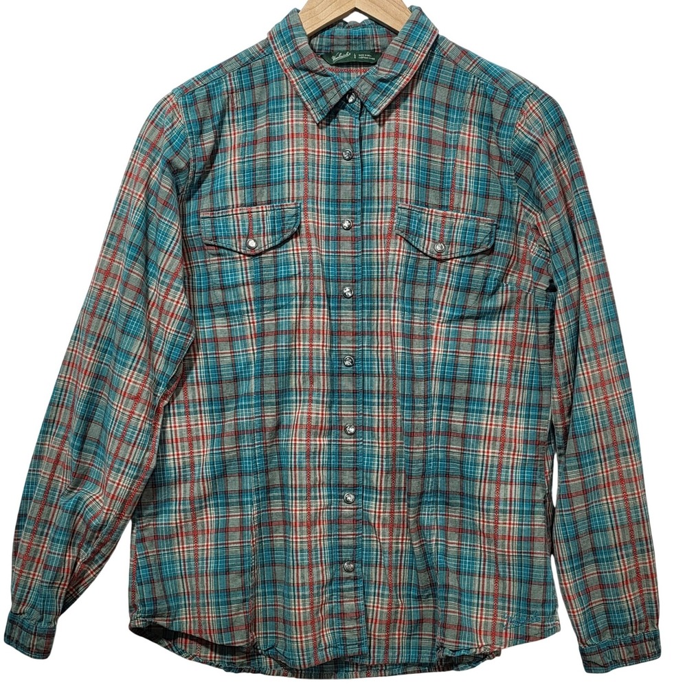 VTG Woolrich Womens Teal Red Plaid Western‎ Pearl Snap Cotton Shirt Size L 90's